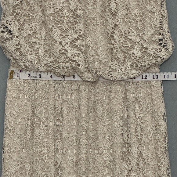 London Times Women Dress 6 Beige Crochet Lace Sheer Lined Maxi Boho Beach Hippie - Picture 10 of 13